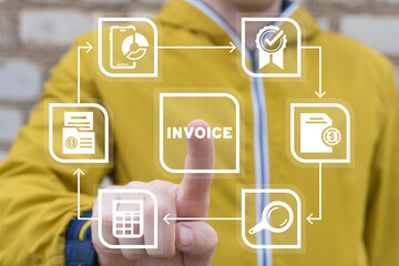 Man using virtual touch interface presses word: INVOICE. Concept of online digital E-invoice and...