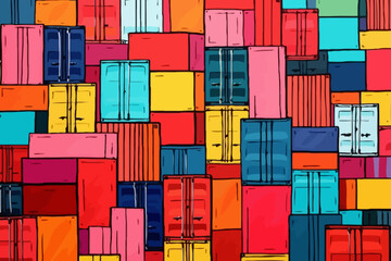 Shipping containers in a port quirky doodle pattern, wallpaper, background, cartoon, vector, whimsical Illustration