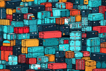 Shipping containers in a port quirky doodle pattern, wallpaper, background, cartoon, vector, whimsical Illustration
