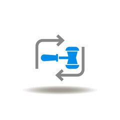 Vector illustration of gavel with round cycle arrows. Icon of trial, prosecution, verdict. Symbol of law justice.