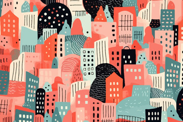 Cityscapes from above quirky doodle pattern, wallpaper, background, cartoon, vector, whimsical Illustration