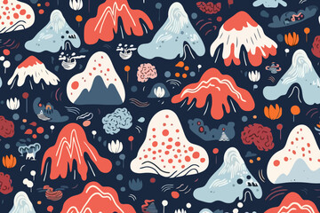 Volcanoes quirky doodle pattern, wallpaper, background, cartoon, vector, whimsical Illustration - obrazy, fototapety, plakaty