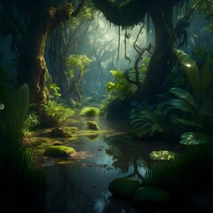 FANTASY landscape swampy jungle forest ancient lush vegetation abundant flora beautiful composition Ray tracing volumetric illumination 