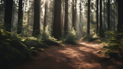 Foggy forest trail with green ferns and sunlight.