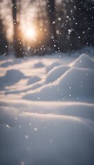 Winter background with snowflakes. Snowdrift and sunbeams.