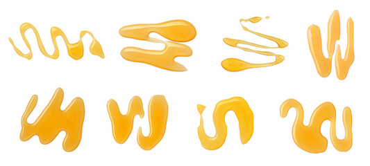 Sweet golden honey isolated on white, set. Top view