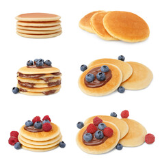 Set of tasty pancakes isolated on white