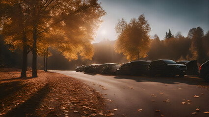 Autumn foggy road in the forest. Car parking concept.
