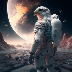 a humanoid eagle as an astronaut full body 8k ultra realistic multiple planets in background 