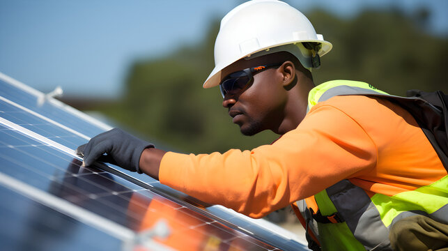 African American technician meticulously inspecting the maintenance of solar panels at a solar station.