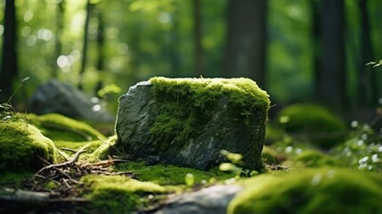 A stone covered with green moss in the forest. Wildlife landscape. Bright Green moss grown up cover the rough stones and on the floor in the forest. Product display mockup.	 - Powered by Adobe