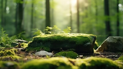 A stone covered with green moss in the forest. Wildlife landscape. Bright Green moss grown up cover the rough stones and on the floor in the forest. Product display mockup.	