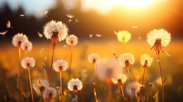 Fototapeta Illustration of delicate dandelion seeds being blown away, backlit by warm, golden sunlight, suitable for themes of change, freedom, and softness. (Generative AI)