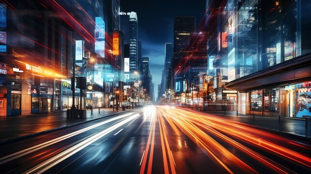 Abstract, high-resolution illustration of light trails in a bustling city, created by Generative AI