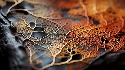 Intricate details of threads and fibers in a piece of decaying leaf created by Generative AI