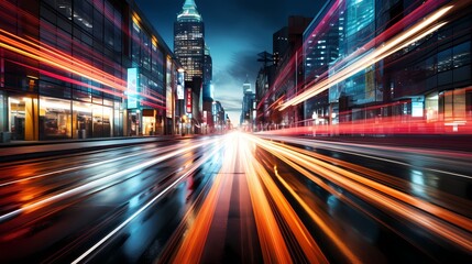 Abstract, high-resolution illustration of light trails in a bustling city, created by Generative AI - obrazy, fototapety, plakaty