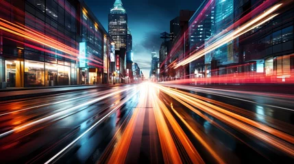 Tuinposter Abstract, high-resolution illustration of light trails in a bustling city, created by Generative AI © FEROHORA