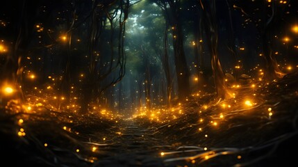 Generative AI created illustration of light trails created by fireflies in a dark forest, capturing the whimsical and enchanting atmosphere, suitable for magical and nature themes.