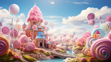 Fotobehang A wonderful colorful fairy tale village, town or a city partially built from a candy and sweets, created by Generative AI. © FEROHORA