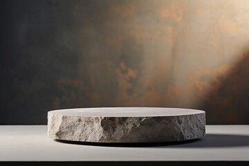 Monochrome gray template for mockup, banner. Flat round granite pedestal on empty blank textured background. Stone stand for natural design concept. generative ai. - obrazy, fototapety, plakaty