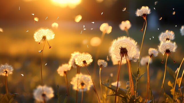 Fototapeta Illustration of delicate dandelion seeds being blown away, backlit by warm, golden sunlight, suitable for themes of change, freedom, and softness. (Generative AI)