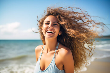 Obraz premium Portrait of a very happy young woman loving the life shes living having fun on the beach with the surf in the background having fun relaxing no cares or worries holiday vacation in the sun