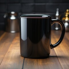 A mock up of a plain black coffee mug on a table. Generative AI. 