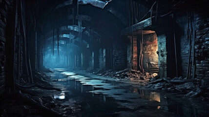 Dark scary underground tunnel, old creepy abandoned cellar or dungeon