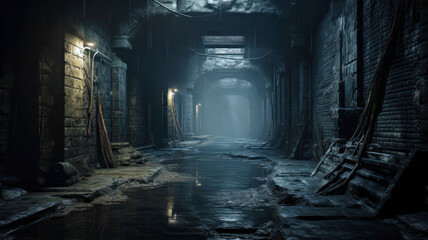 Old scary underground tunnel, dark creepy abandoned dungeon, industry theme