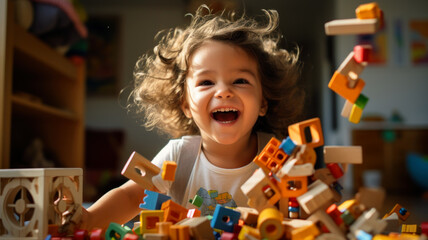 Happy child playing with colorful toy blocks, kid having fun in room - obrazy, fototapety, plakaty