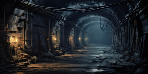 Naklejka premium Dark spooky underground tunnel, old abandoned industrial dungeon