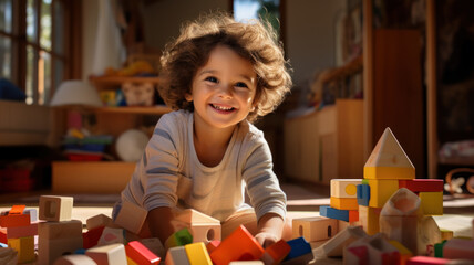 Smiling kid plays with wooden blocks, child and toy building in room