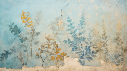 Old wall painting of plants with cracks, vintage Ancient fresco art