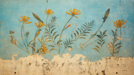 Old painting of plants, damaged Ancient wall fresco, fine art