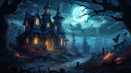 Scary old haunted house with crows and moon on spooky Halloween night