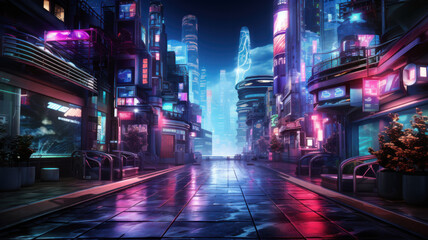 Neon street in cyberpunk city at night, modern buildings in purple lights - obrazy, fototapety, plakaty