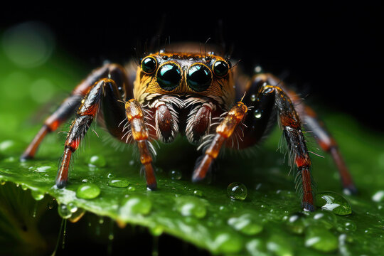 Macro view of cute spider sitting on green leaf with water drops