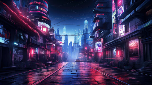 Fototapeta Cyberpunk neon city at night, empty street with modern tall building