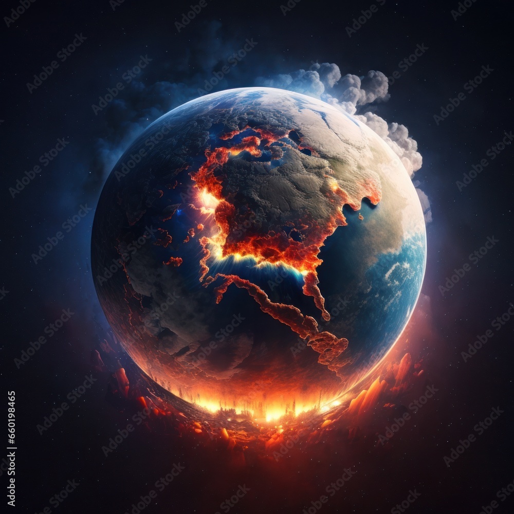 Wall mural an illustration of the earth exploding and burning. generative ai.