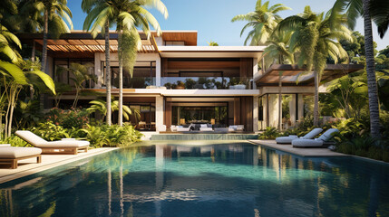 Obraz na płótnie Canvas Modern villa, luxury house with pool and tropical plants in summer