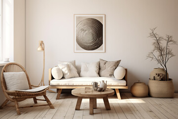 Living room interior with wood elements in rustic style, cozy home - obrazy, fototapety, plakaty
