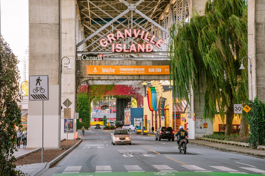 Vancouver, BC, Canada, October 7, 2023: Granville Island sign, a public market and tourist attraction.