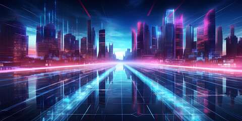A neon city with a dark city in the background, night, urban, building, city, sky, silhouette, downtown, light, road, generative AI
