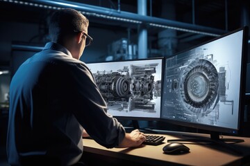 Engineer designing engine in 3D on computer inside the heavy industry factory industrial