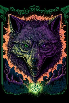 snarling wolf head third eye stoner rock tarot card occult psychedelic 70s exploitation film purple orange green black 