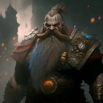 old grumpy dwarven warrior with a burning city in the background dramatic light fog rain old masters painting oild painting visible brush strokes a feeling of dispair 