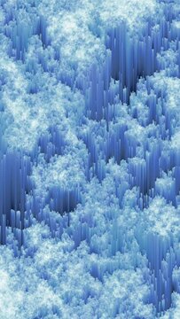 Pixel sorting loop, glitch art. Ice melting. Blue and white abstract background. Vertical video.