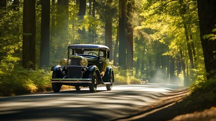 Vintage car driving on forest road on a sunny day. generative AI