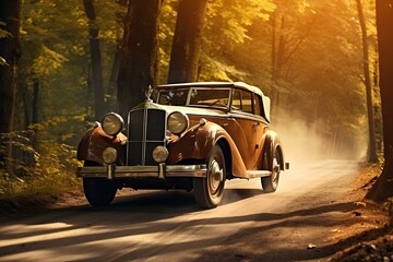 Vintage car driving on forest road on a sunny day. generative AI