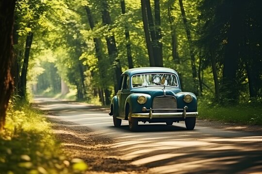 Vintage car driving on forest road on a sunny day. generative AI